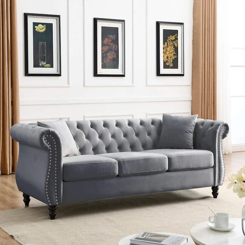 Streamdale Grey Velvet Tufted 3-Seater Sofa with Pillows