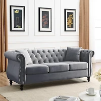 Streamdale Grey Velvet Tufted 3-Seater Sofa with Pillows