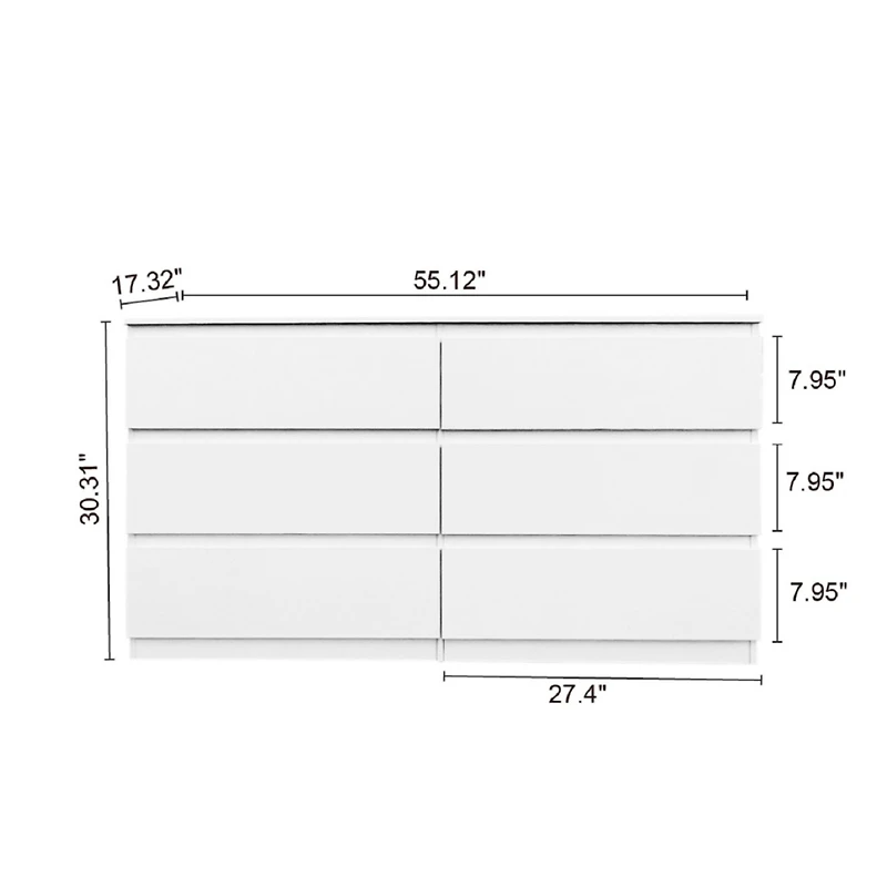 Streamdale Furniture 6 Drawer Double Dresser For Bedroom Living Room Hallway, White