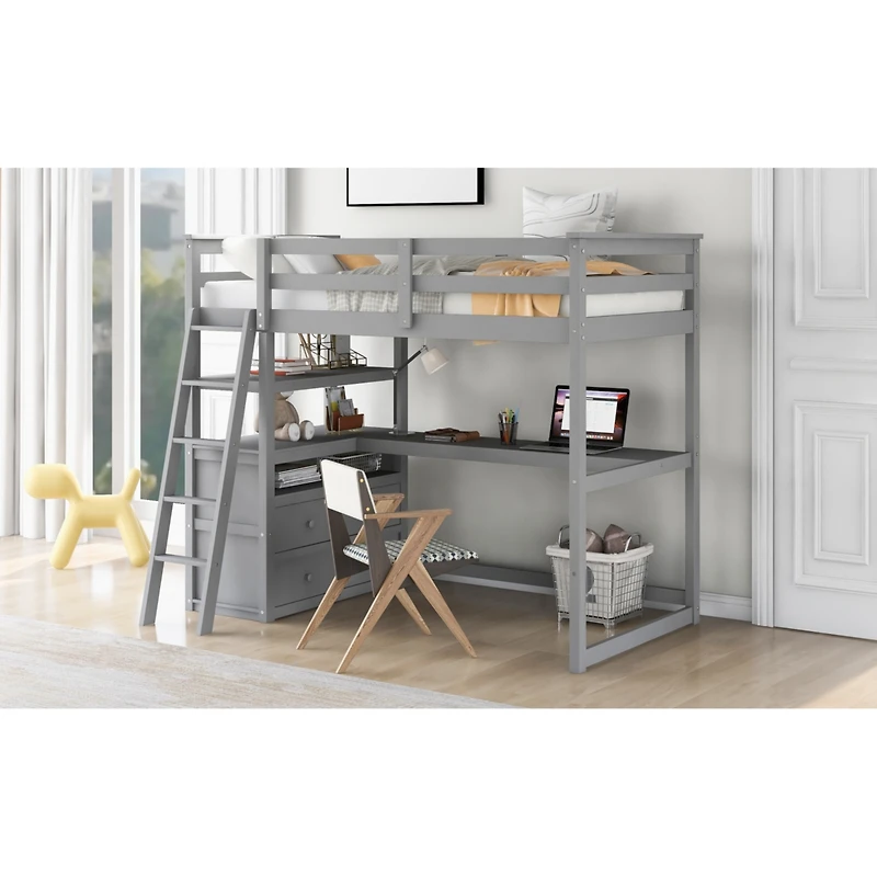 Simplie Fun Twin Loft Bed With Desk And Shelves, Two Built-In Drawers