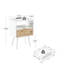 Simplie Fun Rattan End Table With Power Outlet & Usb Ports, Modern Nightstand With Drawer And Solid Wood