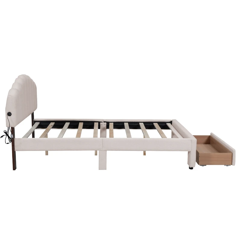 Streamdale Teddy Fleece Queen Upholstered Platform Bed With Drawer, White
