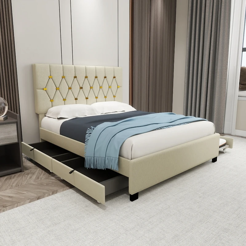 Streamdale Furniture Beige Queen Upholstered Bed with Trundle