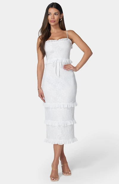 Bebe Women's Lace Maxi with Ruffle Dress