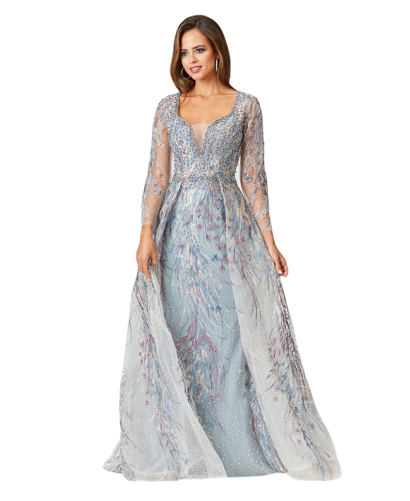 Lara Women's Long Sleeve Lace Gown with Overskirt