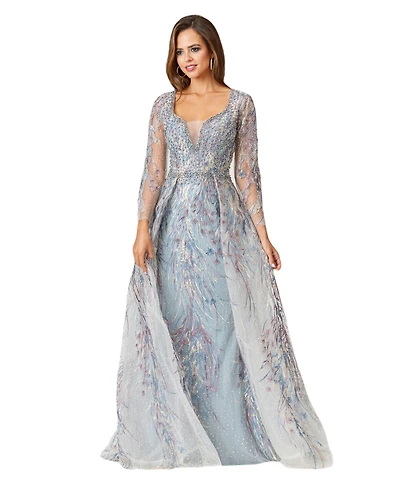 Lara Women's Long Sleeve Lace Gown with Overskirt