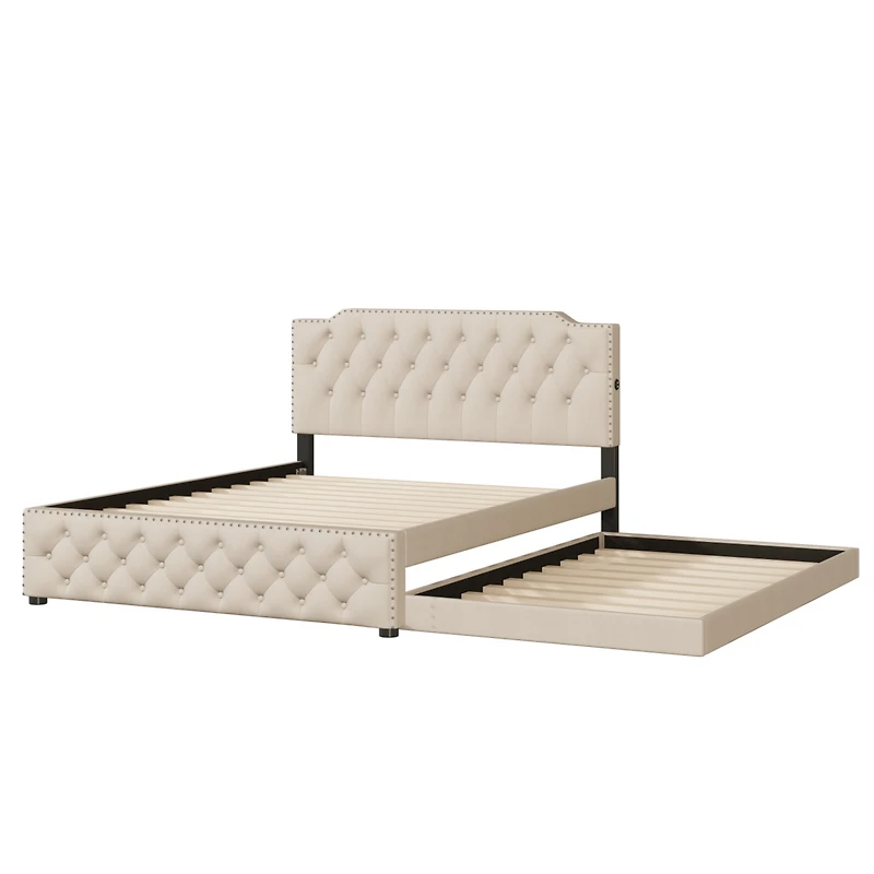 Streamdale Gray Upholstered Queen Platform Bed with Trundle & Usb Ports