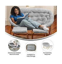 Janey Folding Double Saucer Chair With 2 Ottomans And Steel Frame For Dorm Or Bedroom