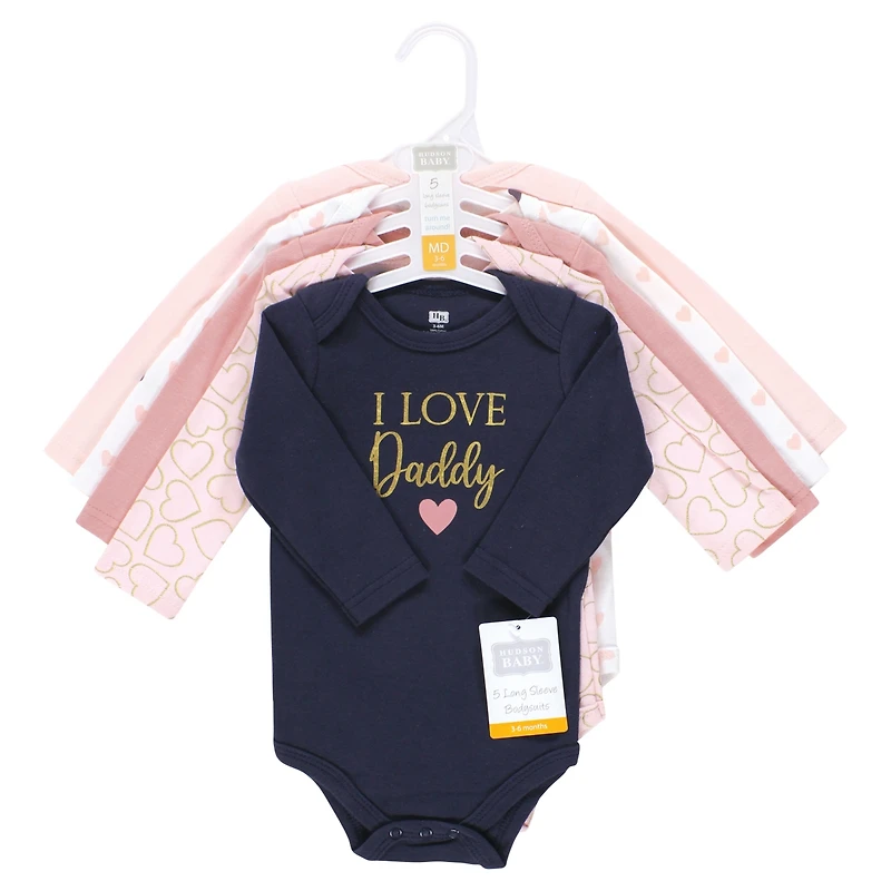 Hudson Baby Girls Cotton Long-Sleeve Bodysuits 5-Pack
