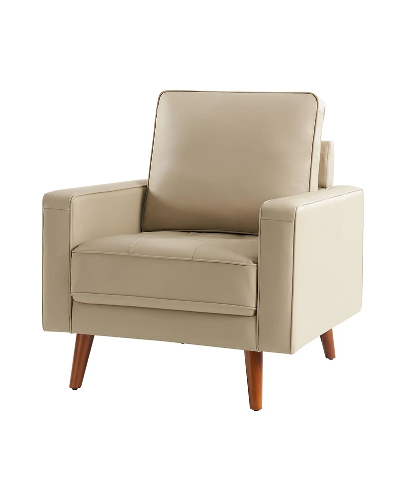 Mid-century Modern Elizabeth Genuine Leather Armchair with Wood Flared Legs