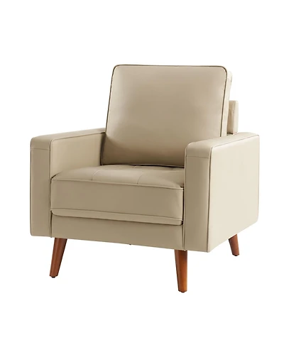Mid-century Modern Elizabeth Genuine Leather Armchair with Wood Flared Legs