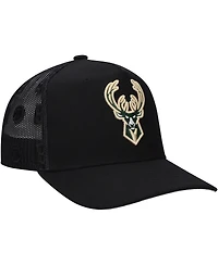 Mitchell & Ness Men's Black Milwaukee Bucks Monogram All-Over Logo Mesh Trucker Adjustable Hat