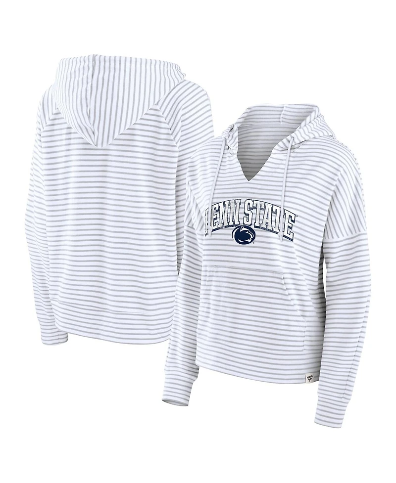 Fanatics Women's White/Gray Penn State Nittany Lions Arch Logo Striped Notch Neck Pullover Hoodie
