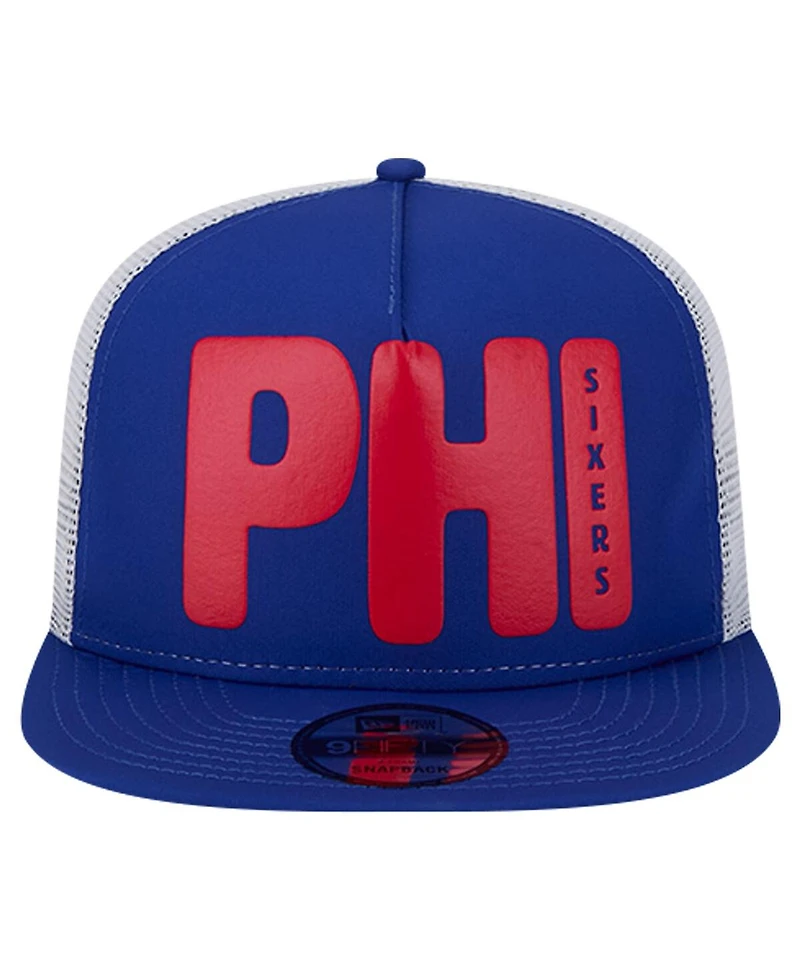 New Era Men's Royal Philadelphia 76ers Puff Print Team Code A-Frame 9FIFTY Trucker Snapback Hat