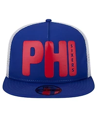 New Era Men's Royal Philadelphia 76ers Puff Print Team Code A-Frame 9FIFTY Trucker Snapback Hat