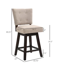 Homcom Counter Height Bar Stools Set of 2, Fabric Tufted Swivel Barstools 26.5 Inch Seat Height with Rubber Wood Legs and Footrest for Dining Room, Ki