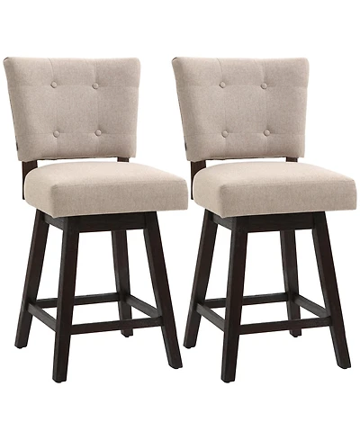 Homcom Counter Height Bar Stools Set of 2, Fabric Tufted Swivel Barstools 26.5 Inch Seat Height with Rubber Wood Legs and Footrest for Dining Room, Ki