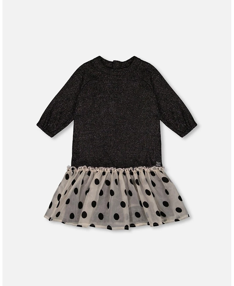 Deux par Deux Big Girls Bi-Material Long Sleeve Dress With Frill Shimmering Black