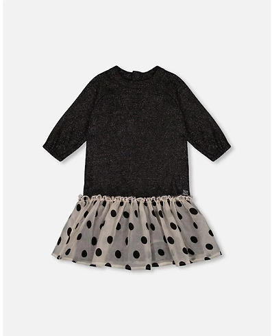 Deux par Deux Big Girls Bi-Material Long Sleeve Dress With Frill Shimmering Black