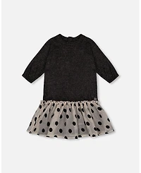 Deux par Deux Big Girls Bi-Material Long Sleeve Dress With Frill Shimmering Black