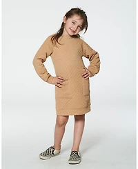 Deux par Deux Little Girls Long Sleeve Shiny Quilted Dress With Pocket Golden Brown - Toddler|Child