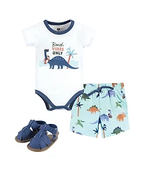 Hudson Baby Boys Breathable Cotton Coordinated Bodysuit, Shorts, and Shoe Outfit