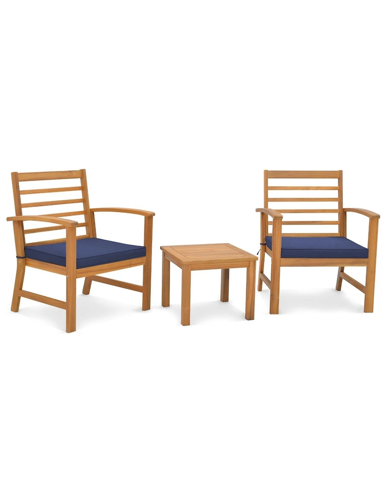 Gymax 3PCS Furniture Set Acacia Wood Conversation Set w/ Soft Seat Cushions Outdoor