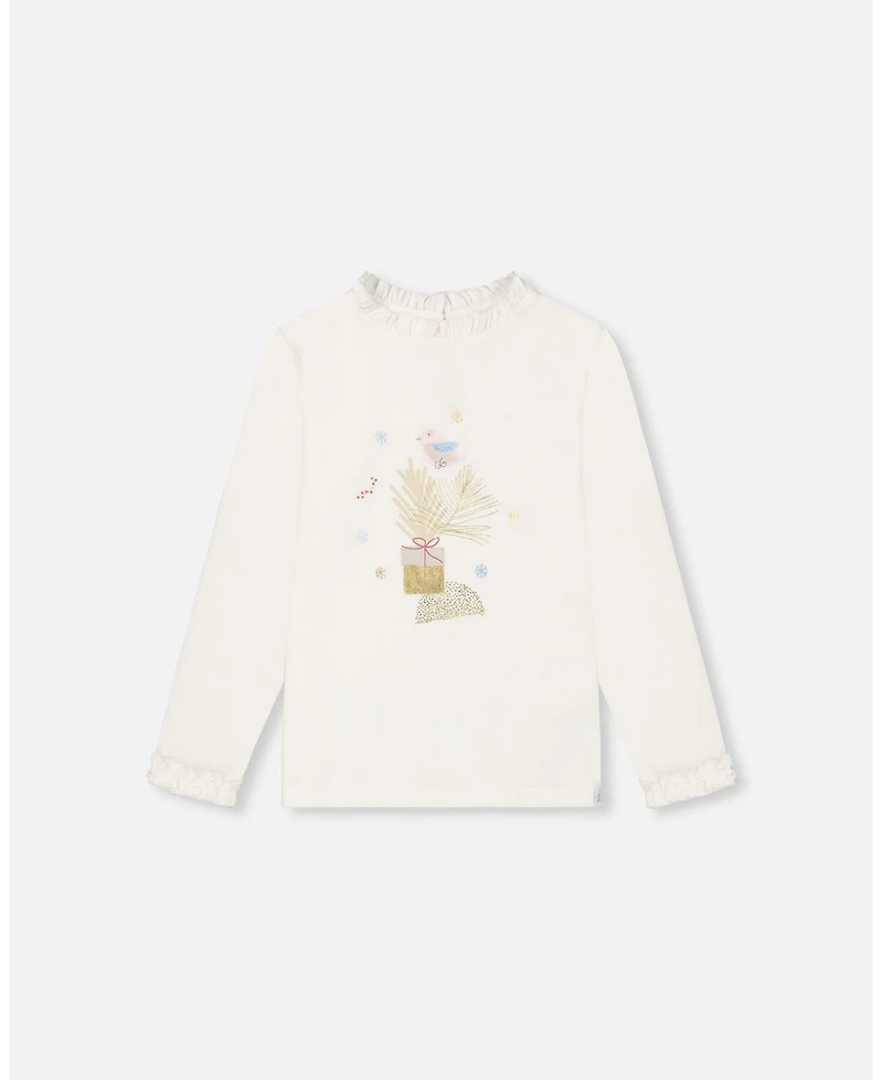 Deux par Deux Toddler Girls T-Shirt With Frill And Print Off White - Toddler|Child