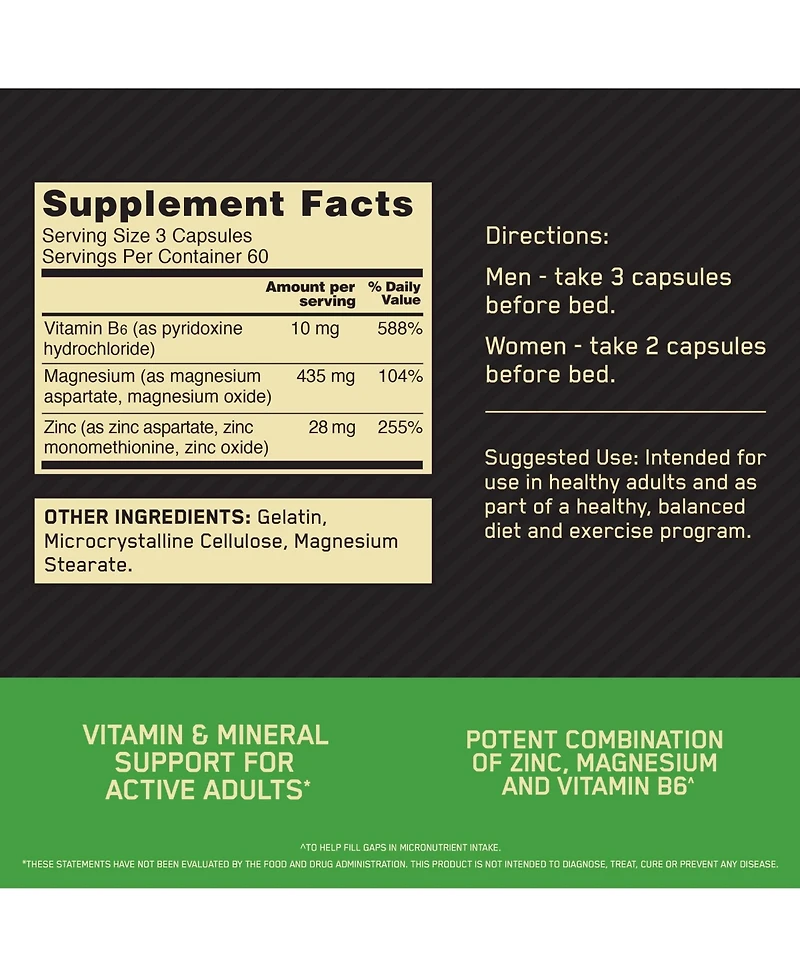Optimum Nutrition Zinc Magnesium Aspartate Vitamin Capsules, 180 Capsules, 60 Servings