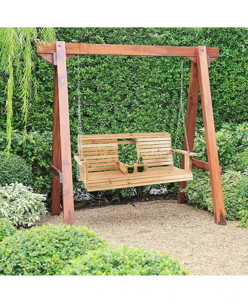 Costway 2-seat Wood Swing Bench with Folding Cup Holder and Sturdy Metal Hanging Chains