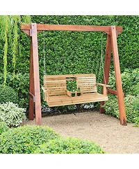 Costway 2-seat Wood Swing Bench with Folding Cup Holder and Sturdy Metal Hanging Chains