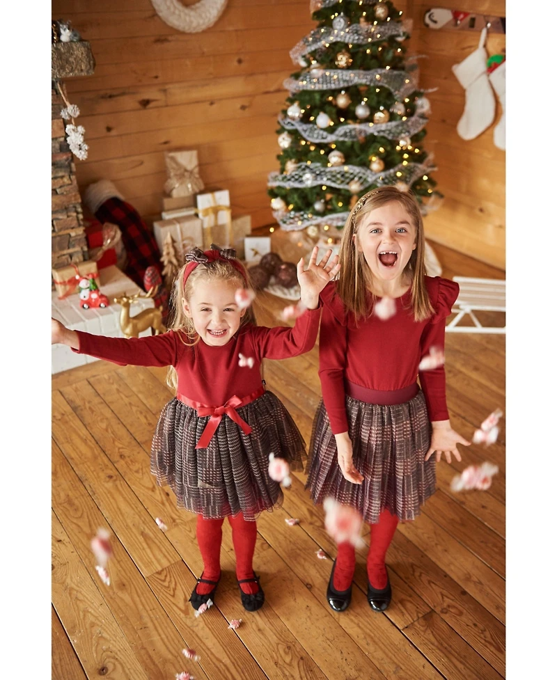 Deux par Deux Baby Girls Bi-Material Dress With Glittering Tulle Skirt Red Plaid