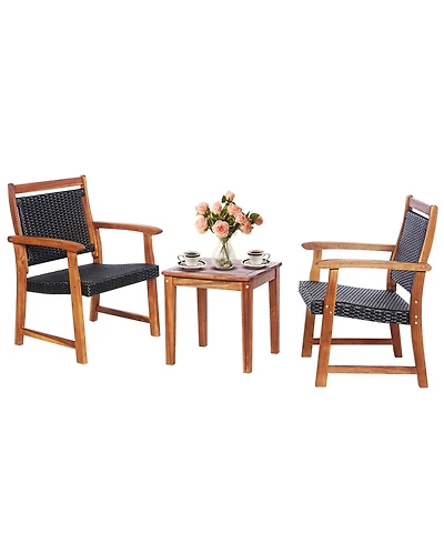 Gymax 3 Piece Brown Wicker Bistro Set Patio Chair Set of 2 w/ Acacia Wood Side Table