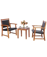 Gymax 3 Piece Brown Wicker Bistro Set Patio Chair Set of 2 w/ Acacia Wood Side Table