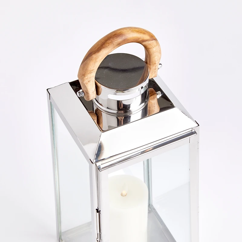 19" Oceanside Large Decorative Outdoor Chrome Finish Pillar Candle Lantern w/ Teakwood Handle