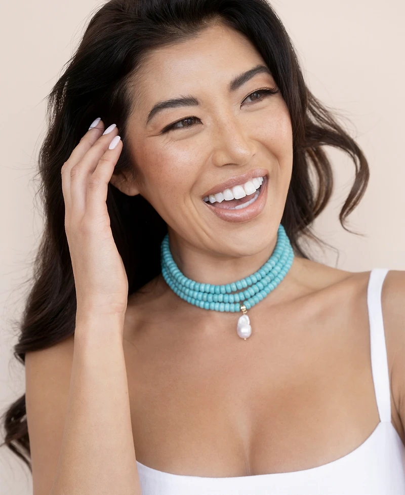 Ettika Triple Strand Turquoise Statement Necklace with Cultivated Pearl Dangle