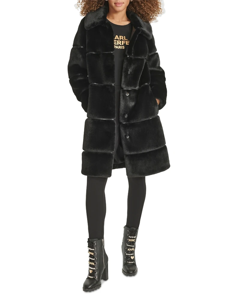 Karl Lagerfeld Paris Womens Faux-Leather Trim Faux-Fur Coat