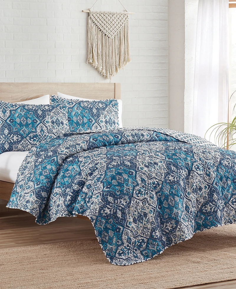 Indigo Ink White Denim Medallion Reversible 3-Pc. Quilt Set, King