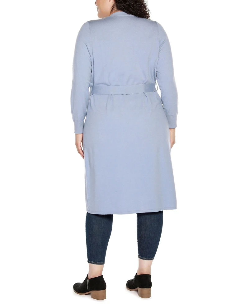 Belldini Black Label Plus Rhinestone-Trim Belted Duster Cardigan Sweater