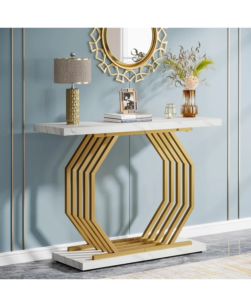 Tribesigns Gold Console Table, Faux Marble Entryway Narrow Sofa Table with Geometric Metal Base, 40 Inch Modern Accent Entrance Table