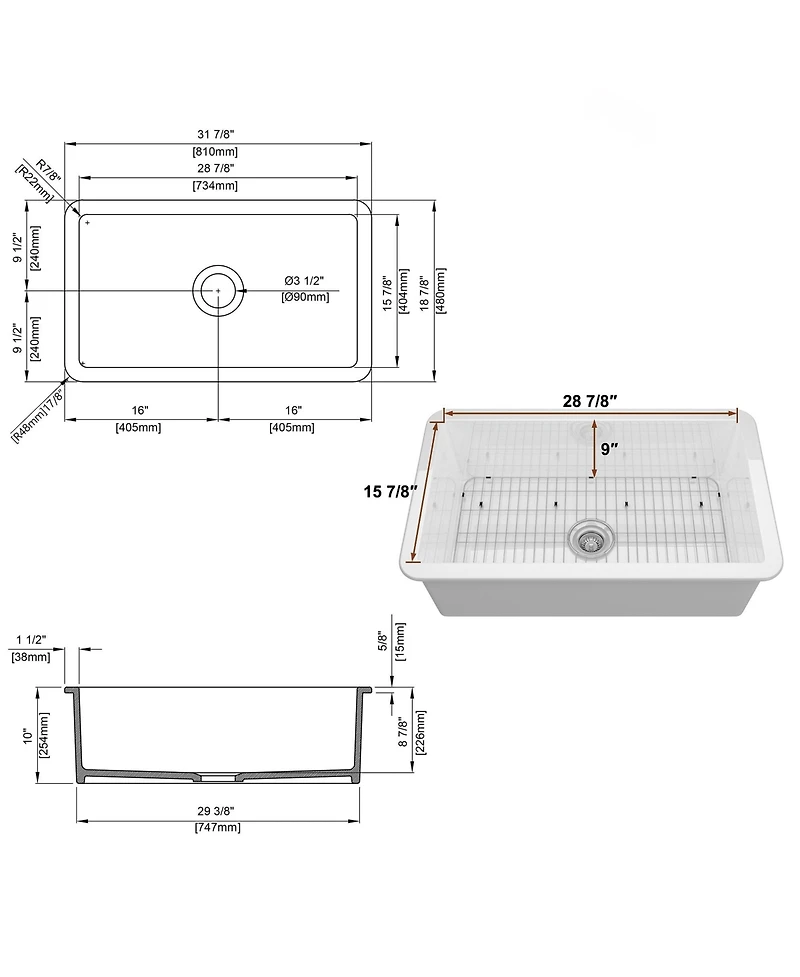Mondawe Undermount 32 in. Single Bowl Fireclay Kitchen Sink Comes With Stainless Steel Bottom Grid and Strainer