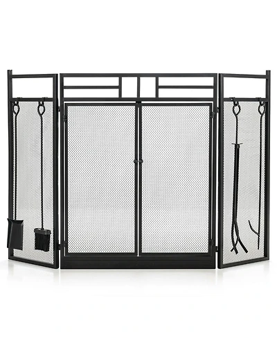 Sugift 3-Panel Folding Wrought Iron Fireplace Screen with Doors and 4 Pieces Tools Set