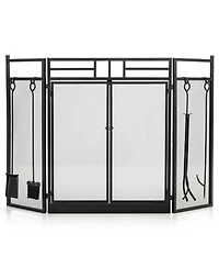 Sugift 3-Panel Folding Wrought Iron Fireplace Screen with Doors and 4 Pieces Tools Set