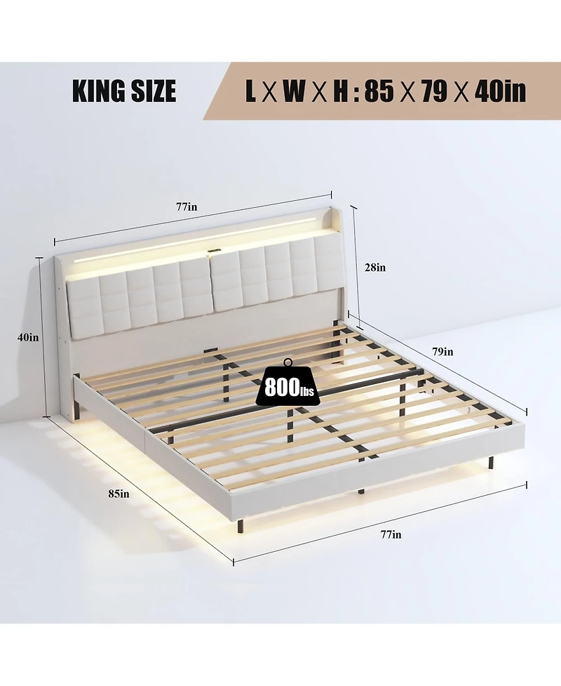 Mondawe Beige Led Light and Charging Station Upholstered Platform Bed Frame