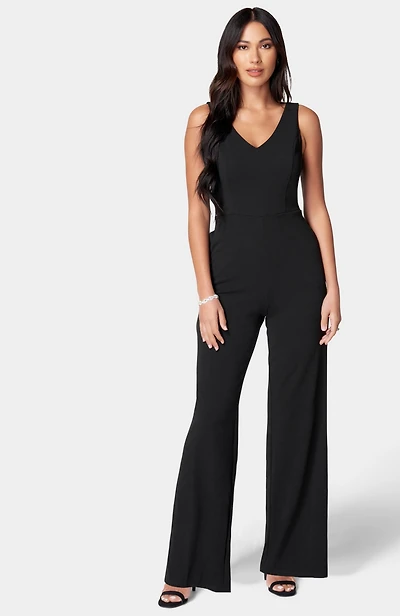 bebe Women's Scuba Crepe V-Neck Jumpsuit