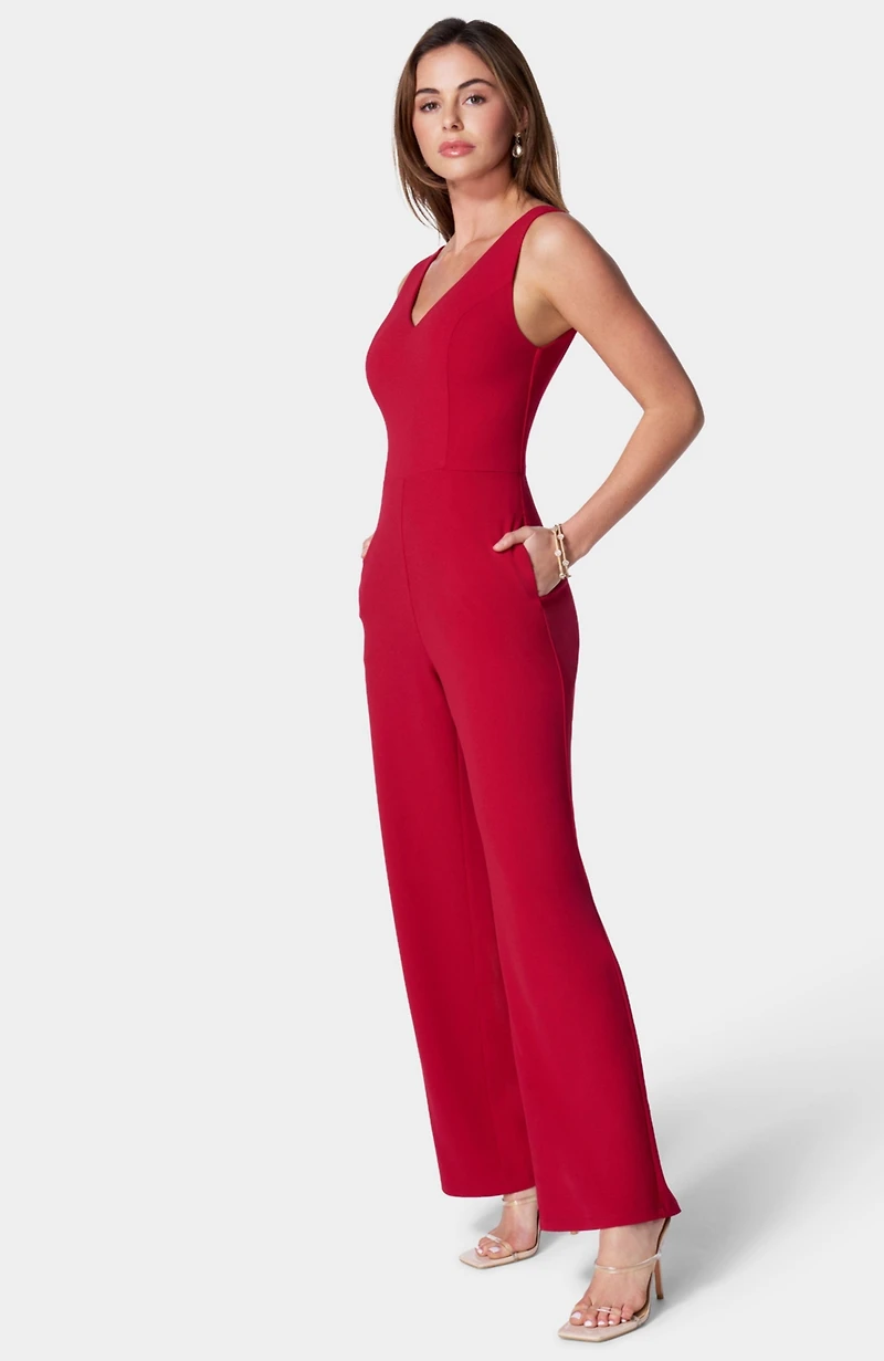 bebe Women's Scuba Crepe V-Neck Jumpsuit