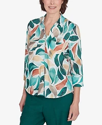Alfred Dunner Women's Emerald Isle Abstract Leaf Top with Bell Sleeves