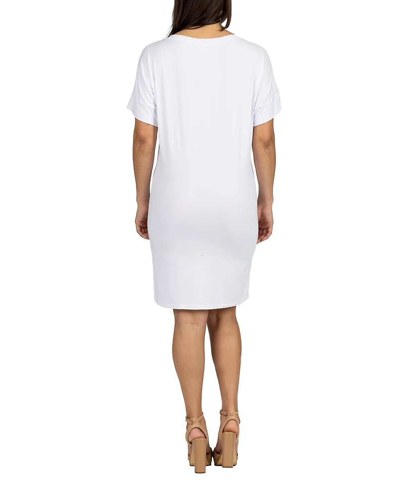 24seven Comfort Apparel Solid Color Loose Fit V Neck T Shirt Style Women's Knee Length Dress