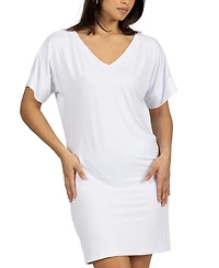24seven Comfort Apparel Solid Color Loose Fit V Neck T Shirt Style Women's Knee Length Dress