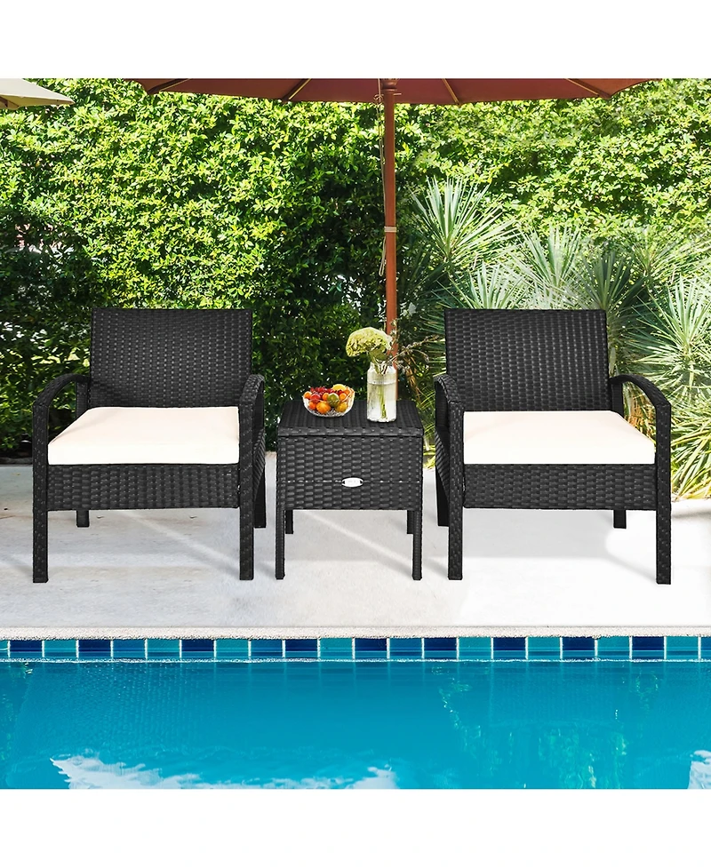 Gymax 3PCS Rattan Patio Conversation Set Outdoor Furniture Set w/ Storage Table